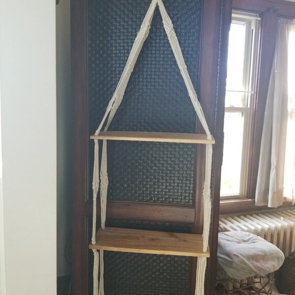 Macramé Two Shelf Wood Plant Hanger Boho Decor - Picture 6 of 8